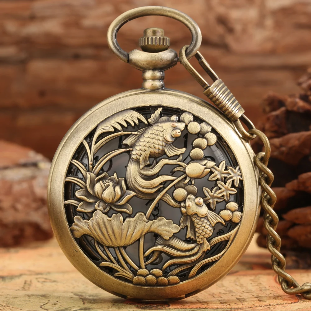 

Hollow Carp Lotus Design Pocket Watch Retro Bronze Watch Vivid Double Fish Quartz Pendant Clock Necklace Chain Reloj De Bolsillo