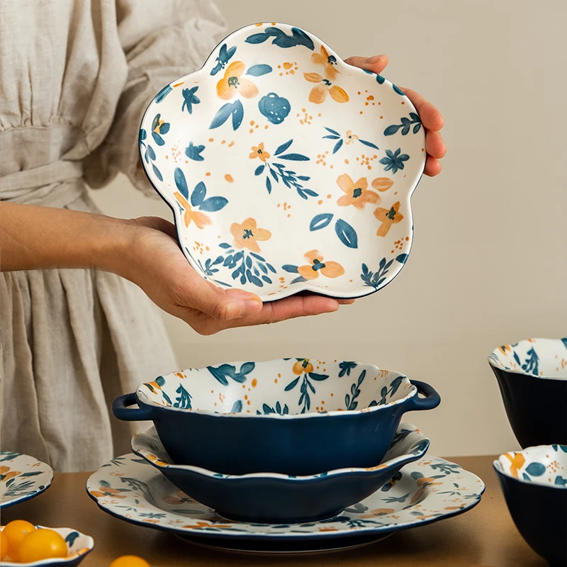 

Керамическая посуда JINYOUJIA в стиле ретро с цветами, обеденная тарелка, десертная тарелка для макаронных изделий, безопасная кухонная тарелка...
