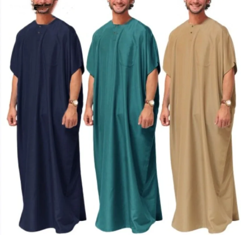 

New Summer Muslim Middle East Arab Dubai Dress Malaysia Solid Color Short Sleeve Long Dress Muslim Robe Men's Casual Clothing