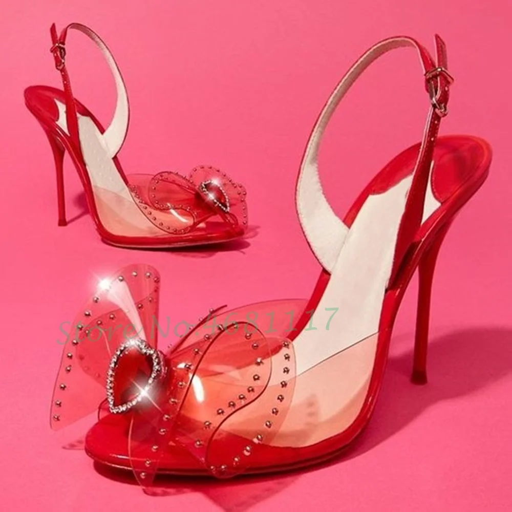 Сандалии женские на высоком каблуке, прозрачные Босоножки с открытым носком, с ремешком сзади, в форме сердца, с заклепками-бабочками, прозрачные туфли с прозрачным бантом