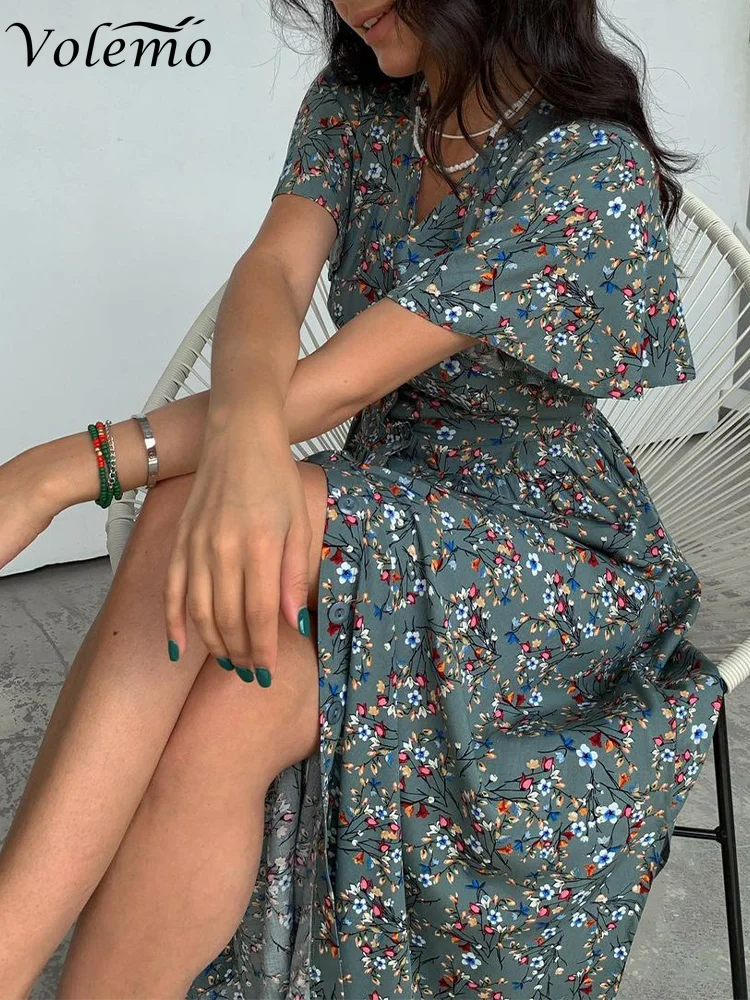 

Женское платье в стиле бохо, элегантный сарафан во французском стиле с цветочным принтом и V-образным вырезом, летнее элегантное платье-макси на шнуровке, 2023