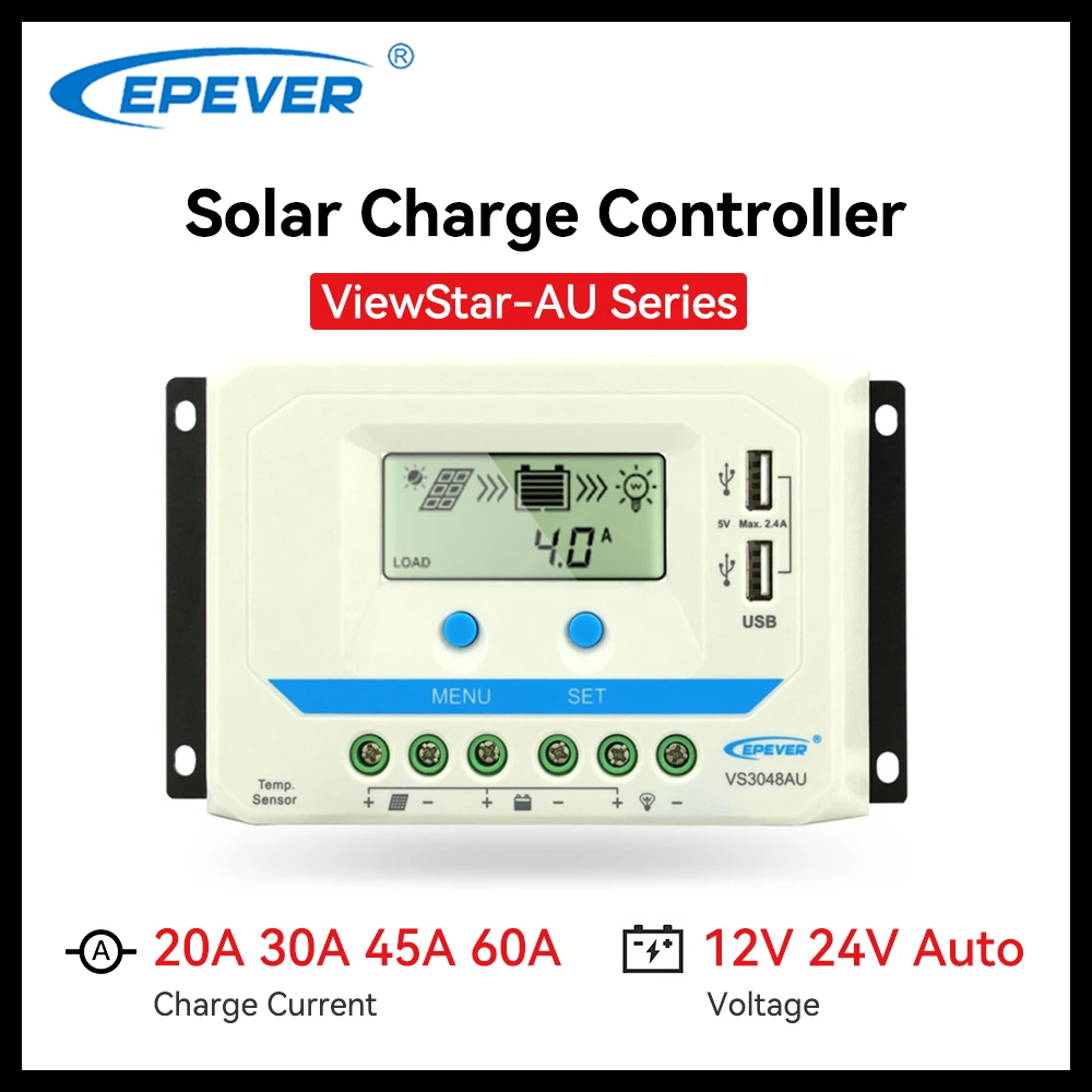 EPever Solar Charge Controller 12V 24V Auto 60A 45A 30A 20A PWM Solar Panel Regulator LCD Display Dual USB ViewStar-AU Series
EPever Solar Charge Controller 12V 24V Auto 60A 45A 30A 20A PWM Solar Panel Regulator LCD Display Dual USB ViewStar-AU Series
