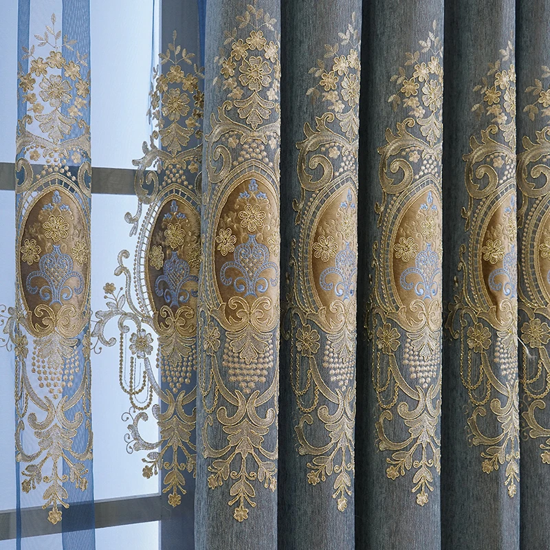 

Роскошные шенилловые занавески в европейском стиле для гостиной и спальни, затемняющие оконные занавески от пола до потолка, плотный Тюль с синей вышивкой