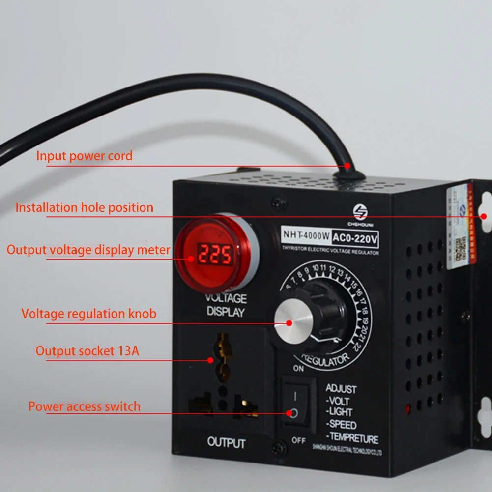 

Portable Speed Temperature Light Adjustable Dimmer SCR Voltage Regulator AC 220V 4000W Compact Variable Voltage Controller