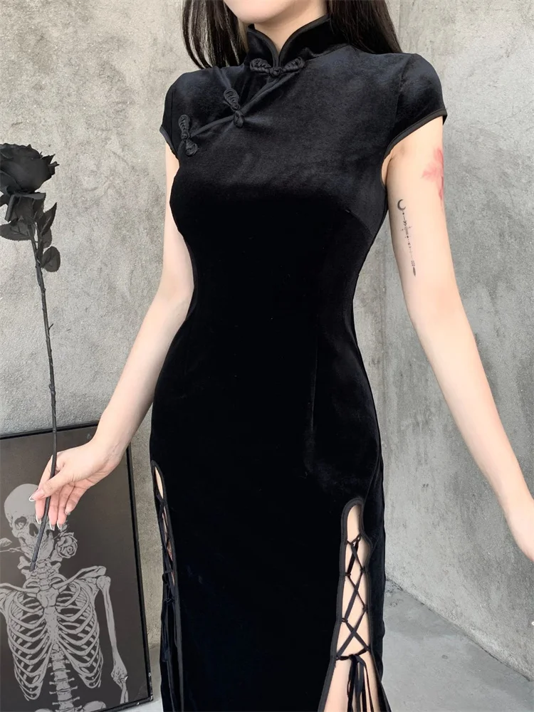 2022 New Vintage Cheongsam Street Style Black Gothic High Waist Bandage Midi Women Bodycon Short Sleeve Party Evening Club Dress
2022 New Vintage Cheongsam Street Style Black Gothic High Waist Bandage Midi Women Bodycon Short Sleeve Party Evening Club Dress