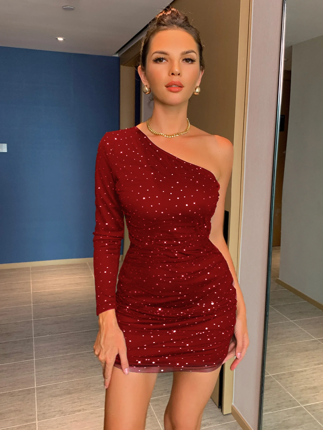 

Tobinoone Woman Dress Sexy One Shoulder Package Hips Ladies Sequin Glitter Club Outfits Woman Party Night Bodycon Dresses