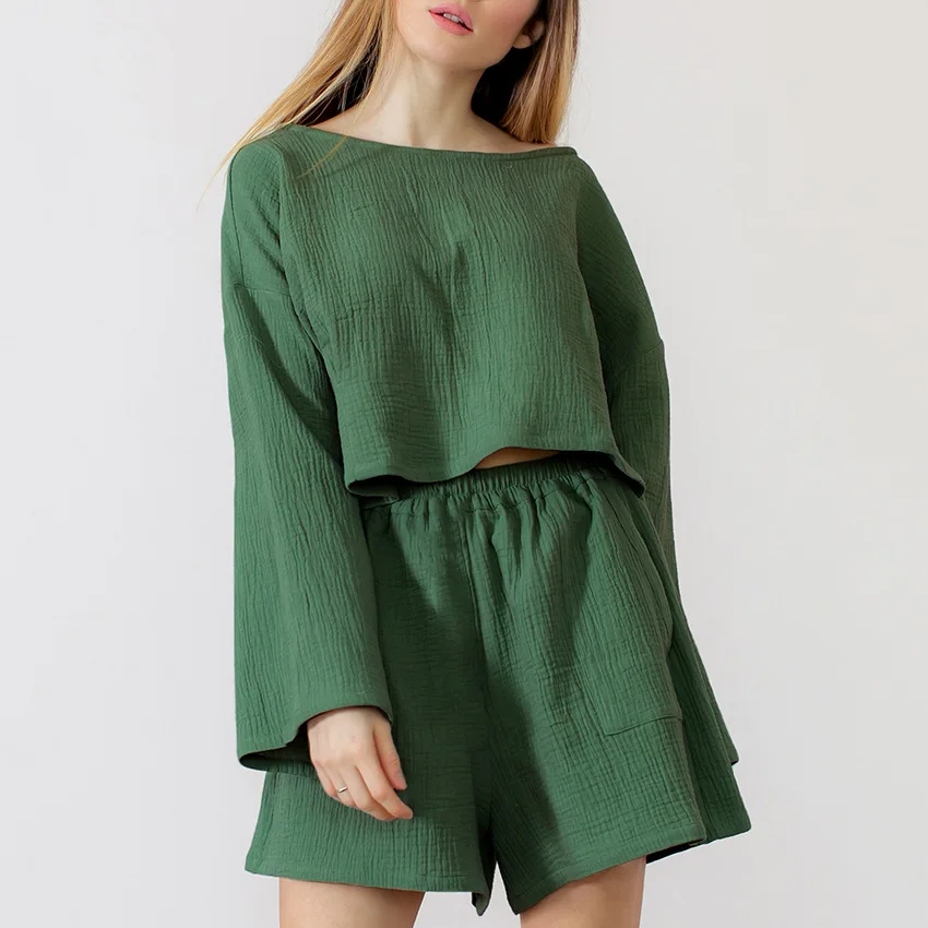 100%Cotton Women'S Suit Casual Long Sleeve Tops And Shorts Womens Two Peice Sets Sexy Beach Pockets Outfits Summer Clothes
100%Cotton Women'S Suit Casual Long Sleeve Tops And Shorts Womens Two Peice Sets Sexy Beach Pockets Outfits Summer Clothes