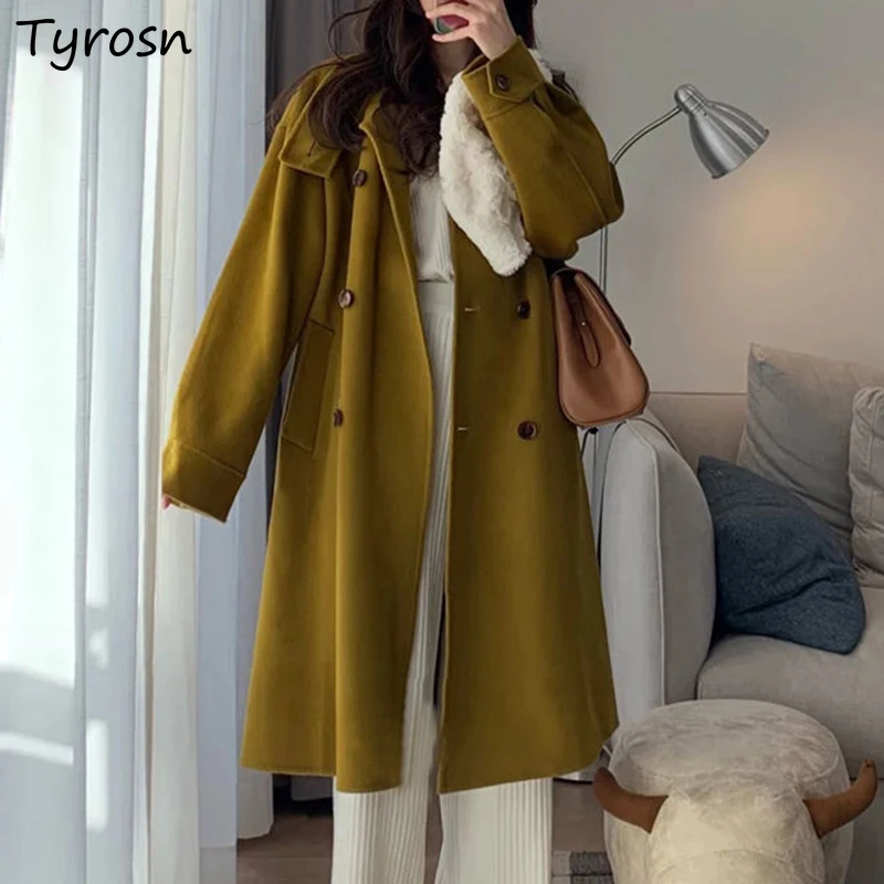 Женское длинное шерстяное пальто однотонное двубортное Ulzzang элегантные теплые