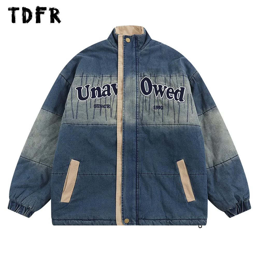 Gradient Dyed Denim Padded Jacket Letter Embroidery Washed Distressed Winter Casual Quilted Jacket Men 
Gradient Dyed Denim Padded Jacket Letter Embroidery Washed Distressed Winter Casual Quilted Jacket Men