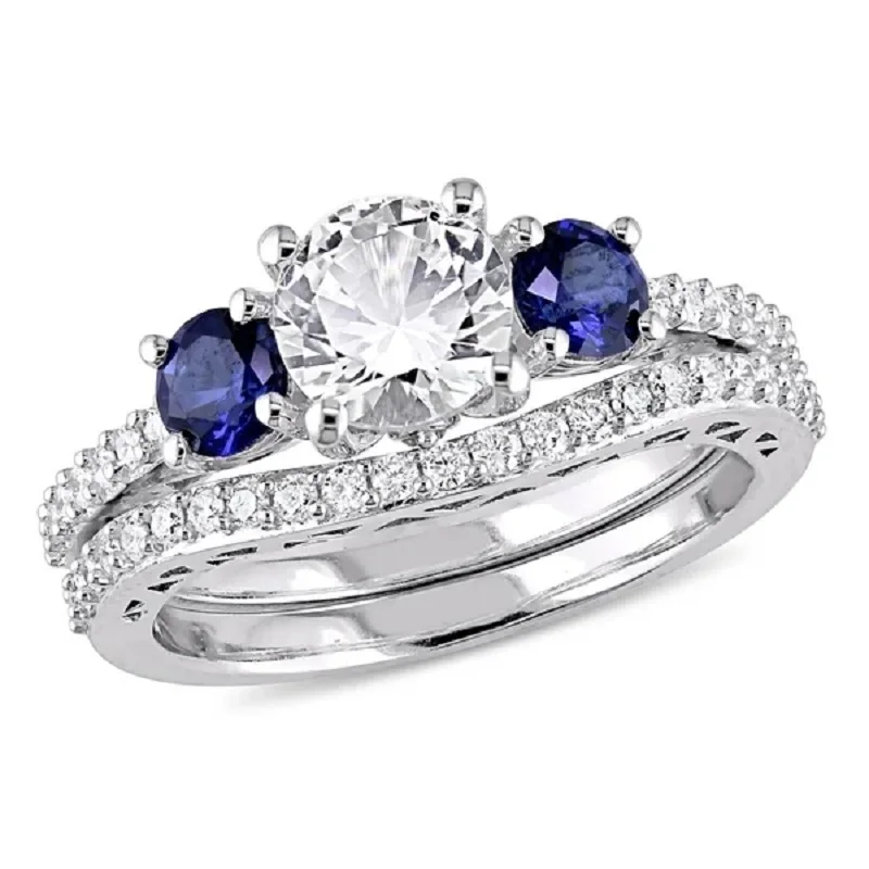 

2Pcs Bridal Set Ring Luxury White Gold Plated Blue Sapphire Wedding Jewelry Women Micro Pave CZ Lady Proposal Engagement Rings