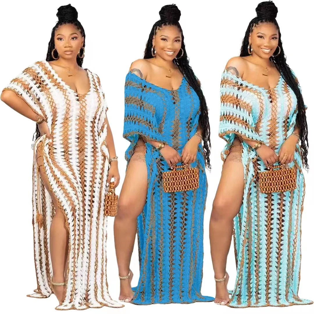 2023 Summer Side Split Striped Crochet Maxi Dress Knitted Cover Up V neck Hollow Out Long Sundress Swim Cover Ups Robe Beachwear
2023 Summer Side Split Striped Crochet Maxi Dress Knitted Cover Up V neck Hollow Out Long Sundress Swim Cover Ups Robe Beachwear