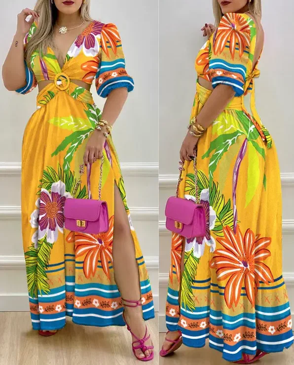 

Vintage Tropical Print O-Ring Twist Slit Thigh Maxi Dress Women 2022 Summer Fashion New Sexy Cutout Short Sleeve Long Dresses