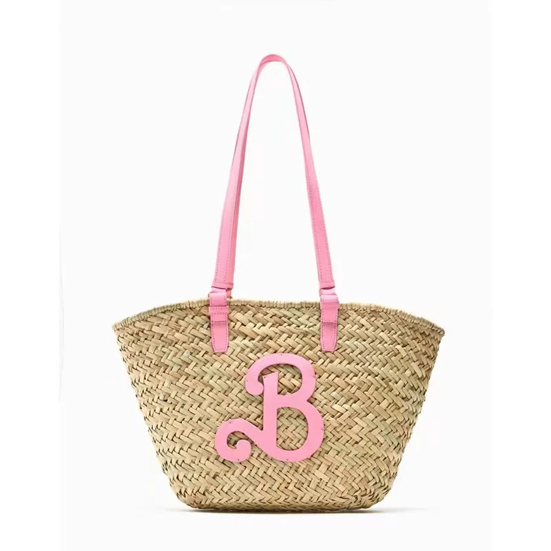 

Pink B Straw Tote Bags Women Fashion Boho Weave Handbags Female Summer Beach Vacation Shoulder Bag Large Capacity Shopper Bag