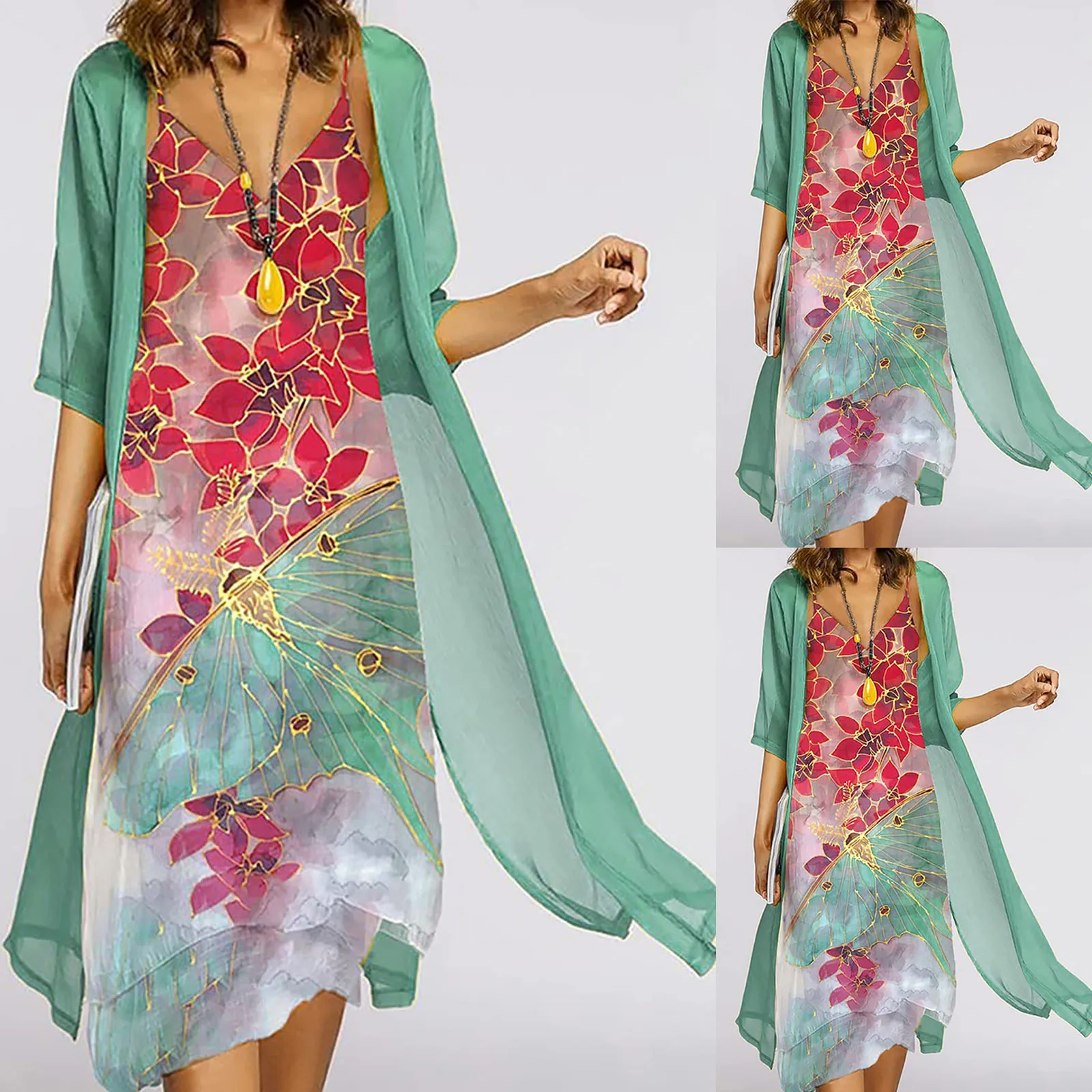 

Женское платье-кафтан с цветочным принтом, повседневное длинное платье-туника с кардиганом, комплект из 2 шт./компл., 2022
