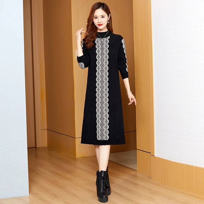 

Зимнее теплое трикотажное платье в стиле пэчворк, корейский стиль, хлопковое Черное Осеннее платье-свитер, винтажное клетчатое плотное женское платье средней длины, 2022