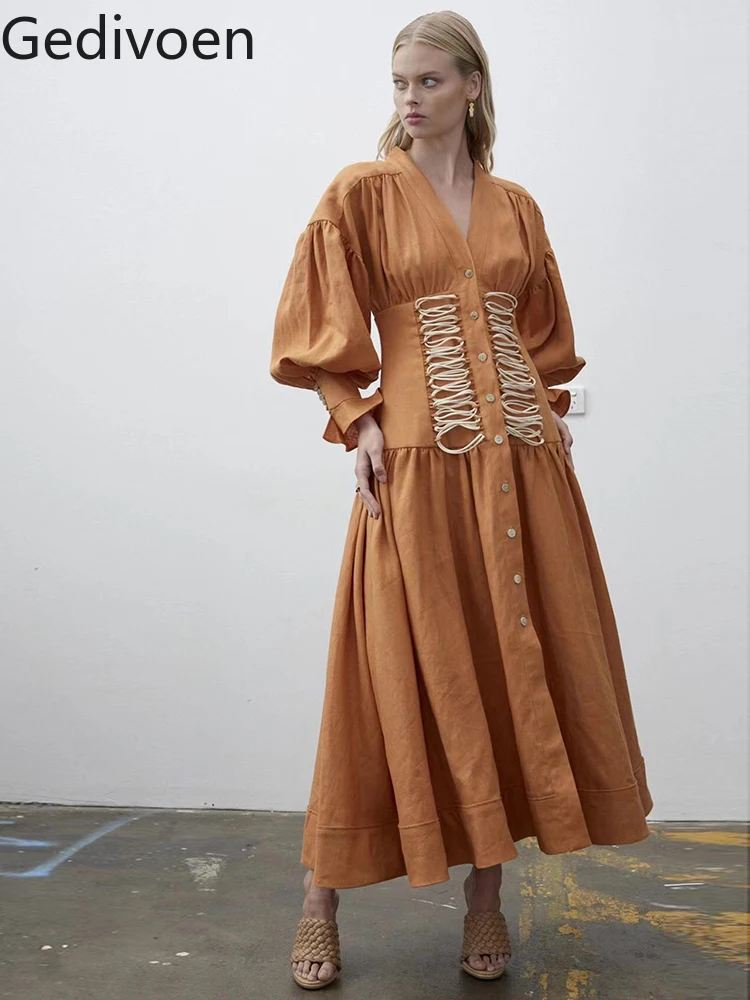 Gedivoen High Quality Spring Women Fashion Designer Party Long Dress Lantern Sleeve Single Breasted Shirts Style Solid Dresses 
Gedivoen High Quality Spring Women Fashion Designer Party Long Dress Lantern Sleeve Single Breasted Shirts Style Solid Dresses