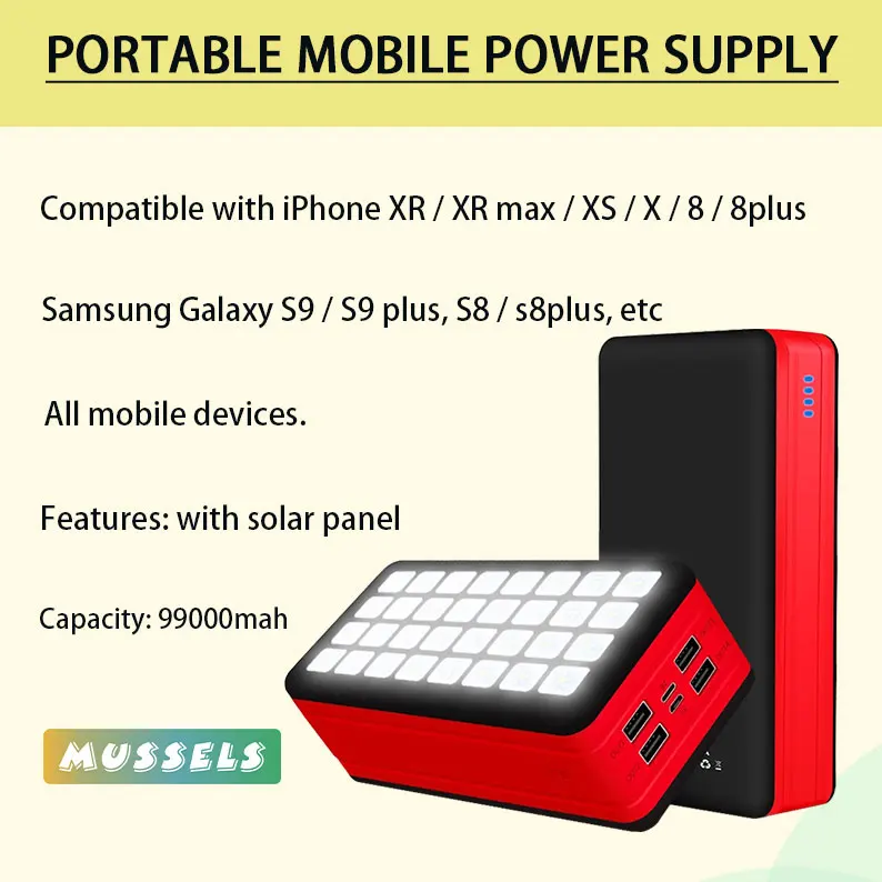 99000mah with four USB ports, camping solar mobile power supply, suitable for iPhone, Xiaomi and Samsung
99000mah with four USB ports, camping solar mobile power supply, suitable for iPhone, Xiaomi and Samsung