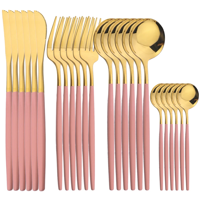 24Pcs Dinnerware Set Pink Gold Knife Fork Spoon Tableware High Quality Stainless Steel Cutlery Set Western Kitchen Silverware
24Pcs Dinnerware Set Pink Gold Knife Fork Spoon Tableware High Quality Stainless Steel Cutlery Set Western Kitchen Silverware