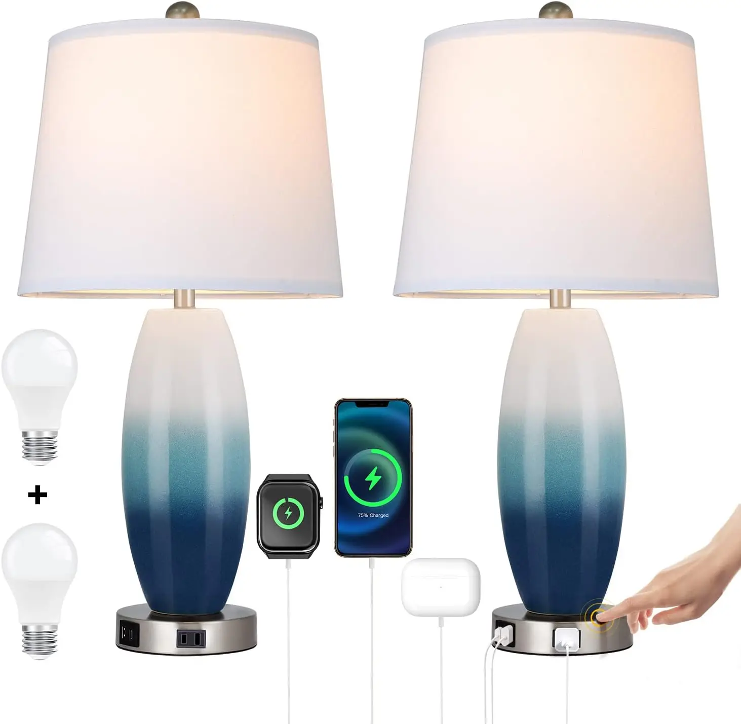Inch Tall Modern Ceramic Bedside Nightstand Lamps for Bedrooms Set of 2 with USB Port and Outlet, 3 Way Dimmable Touch Table Lam
Inch Tall Modern Ceramic Bedside Nightstand Lamps for Bedrooms Set of 2 with USB Port and Outlet, 3 Way Dimmable Touch Table Lam