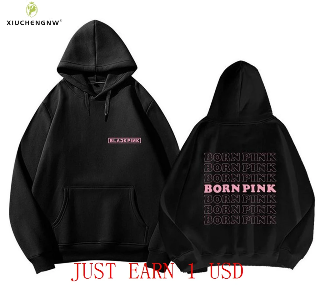 

2023 Kpop BORN Pink Tour Vocal Concert Same Hooded Solid Color Long Sleeved Cotton Bp Sweatshirt Y2K Oversize Hip Hop Top Tee