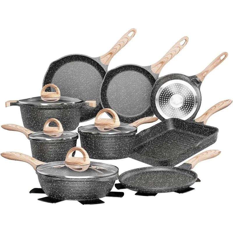 

JEETEE Kitchen Pots and Pans Set Nonstick, Induction Granite Coating Cookware Sets with Frying Pan, Saucepan, Sauté Pan, Griddle