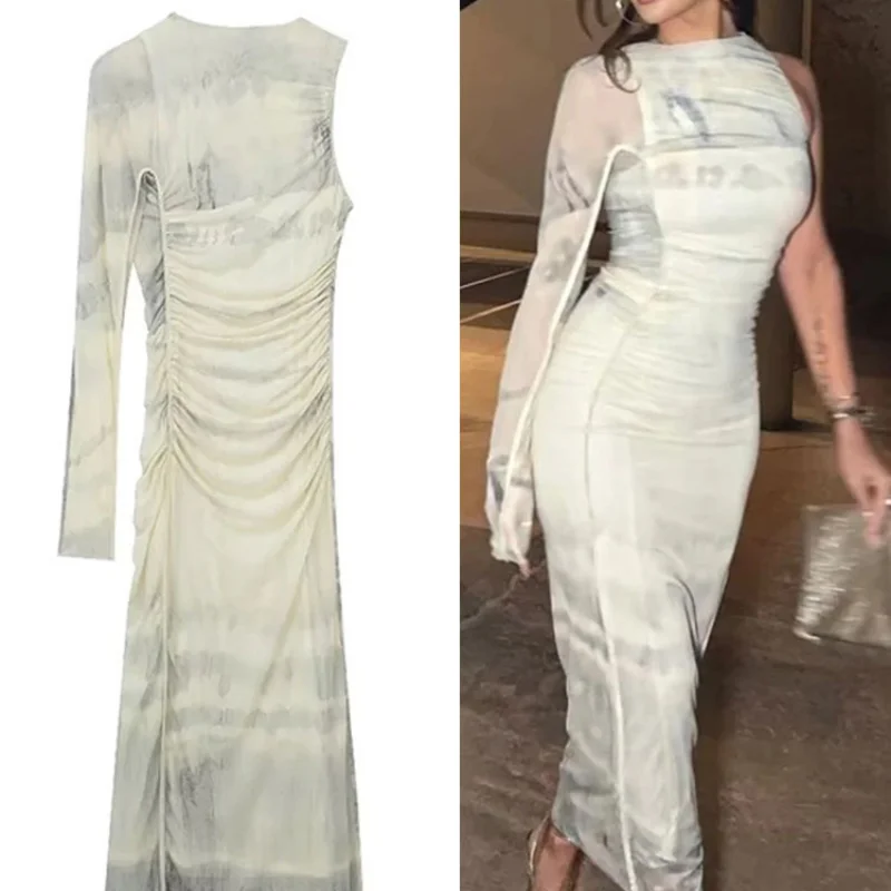 2023 New Women's Printed Tulle Asymmetric Dress Vintage One Long Sleeve Ruched Dress O Neck Back Zipper Slim Female Long Dress
2023 New Women's Printed Tulle Asymmetric Dress Vintage One Long Sleeve Ruched Dress O Neck Back Zipper Slim Female Long Dress