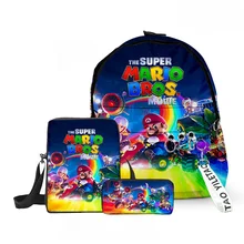 Mario 3D Super Mario Brothers Three-piece School Bag Student Backpack Backpack Anime Cartoon Pencil Case Childrens Gifts