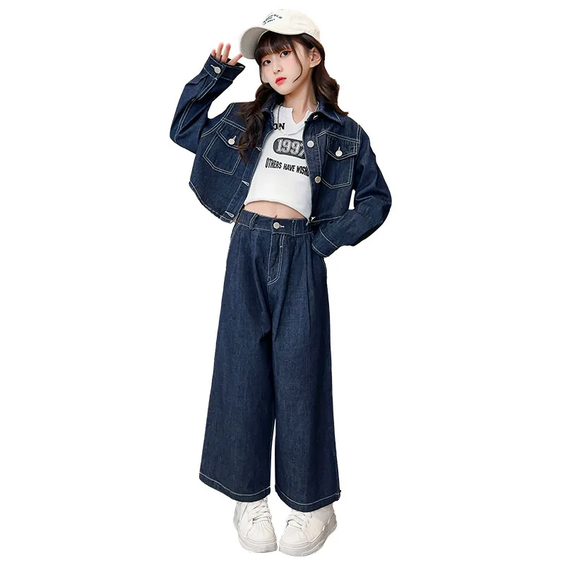 Джинсовый комплект для девочек-подростков, короткий топ и брюки с широкими штанинами, модная повседневная Уличная одежда из 2 предметов, весна
Джинсовый комплект для девочек-подростков, короткий топ и брюки с широкими штанинами, модная повседневная Уличная одежда из 2 предметов, весна