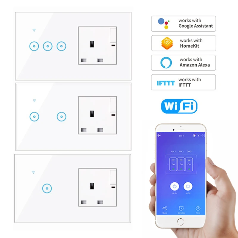 

Smart Switch Interruptor Voice Controls Work With Home Amazon Alexa 1 2 3 Gang Wifi Power Socket With Uk Standard Socket