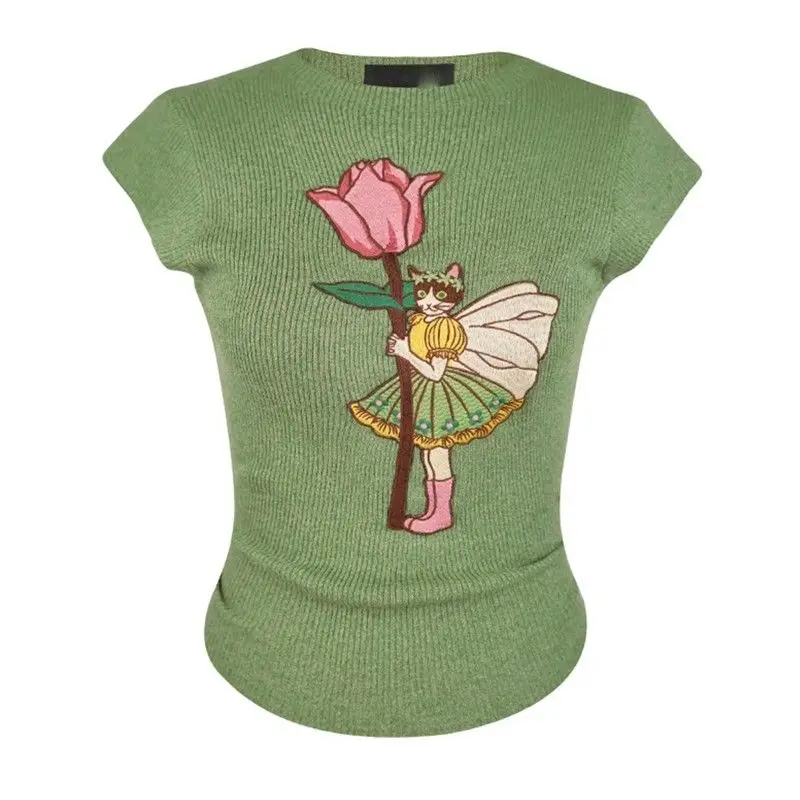 2023 Cartoon Embroidered Knitted T-shirt Women's Summer Thin Fit Top vintage clothes korean crop top women
2023 Cartoon Embroidered Knitted T-shirt Women's Summer Thin Fit Top vintage clothes korean crop top women