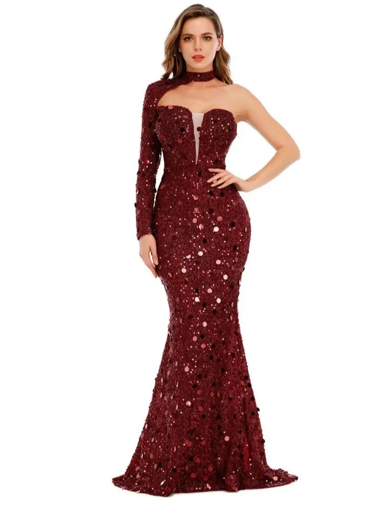 Women Red Sequin Asymmetric Maxi Dress One Shoulder Long Sleeve Halter Fishtail Slimming Dress Evening Gown Performance Suit
Women Red Sequin Asymmetric Maxi Dress One Shoulder Long Sleeve Halter Fishtail Slimming Dress Evening Gown Performance Suit