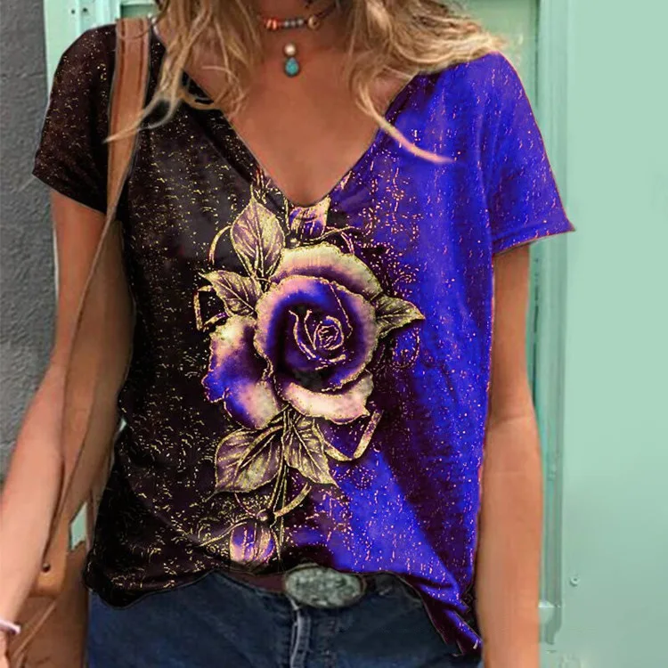 Women's Tops Summer Fashion Casual V-neck Rose Print Short-sleeved Loose T-shirt Female
Women's Tops Summer Fashion Casual V-neck Rose Print Short-sleeved Loose T-shirt Female