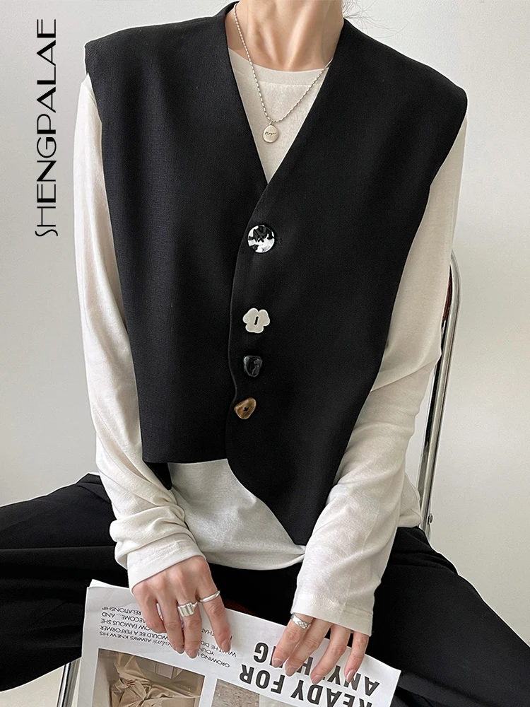 SHENGPALAE V-neck Sleeveless Women Vest Fashion Single Breasted Solid Color Irregular Short Waistcoat Summer 2023 New 5R4227
SHENGPALAE V-neck Sleeveless Women Vest Fashion Single Breasted Solid Color Irregular Short Waistcoat Summer 2023 New 5R4227