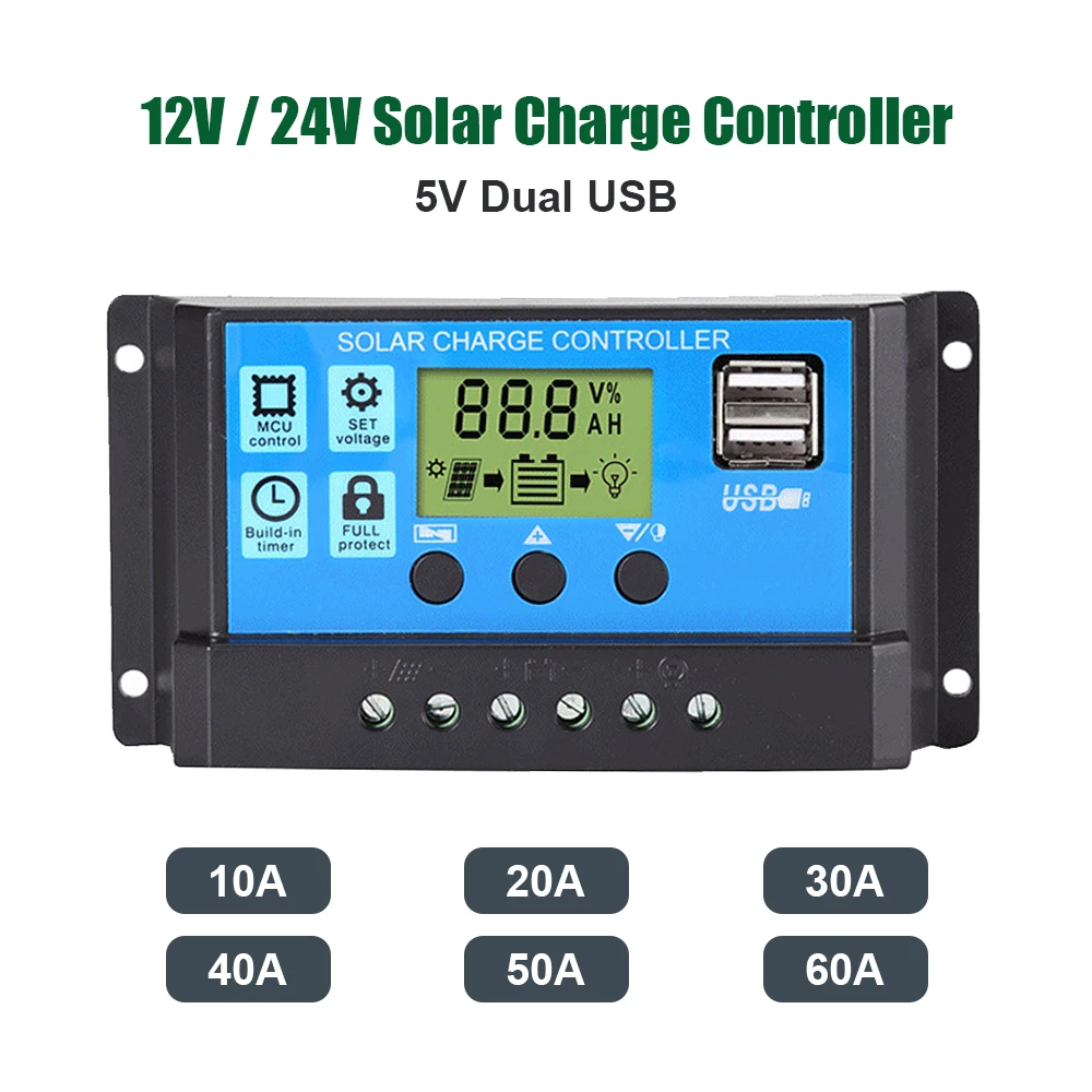 Solar Charge Controller 10A 20A 30A 40A 50A 60A PWM Control 12V 24V Automatic Identification 5V Dual USB Output Solar Controller
Solar Charge Controller 10A 20A 30A 40A 50A 60A PWM Control 12V 24V Automatic Identification 5V Dual USB Output Solar Controller
