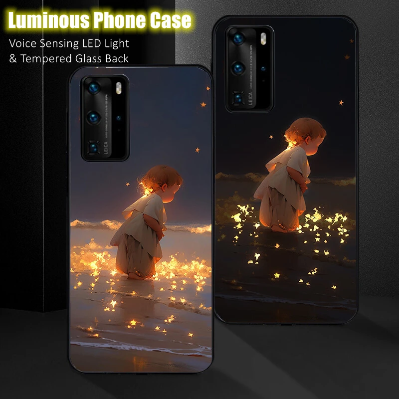 

Cute Angel LED Light Glowing Luminous Tempered Glass Back Phone Case for OnePlus 6 6T 7 7T 8 8T 9 9R 10 Ace Nord 2 N10 N200 Pro