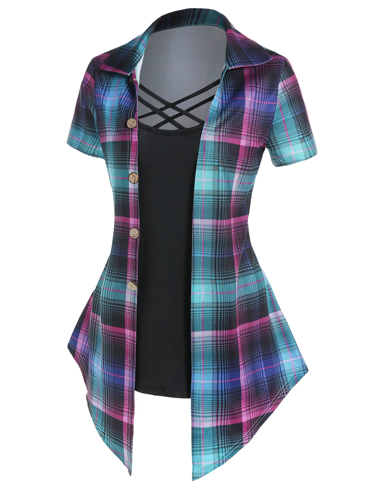Vintage Plaid Print Crisscross Pointed Hem Faux Twinset T Shirt Women Fashion Casual Retro Combo Twofer 2 In 1 Tees
Vintage Plaid Print Crisscross Pointed Hem Faux Twinset T Shirt Women Fashion Casual Retro Combo Twofer 2 In 1 Tees