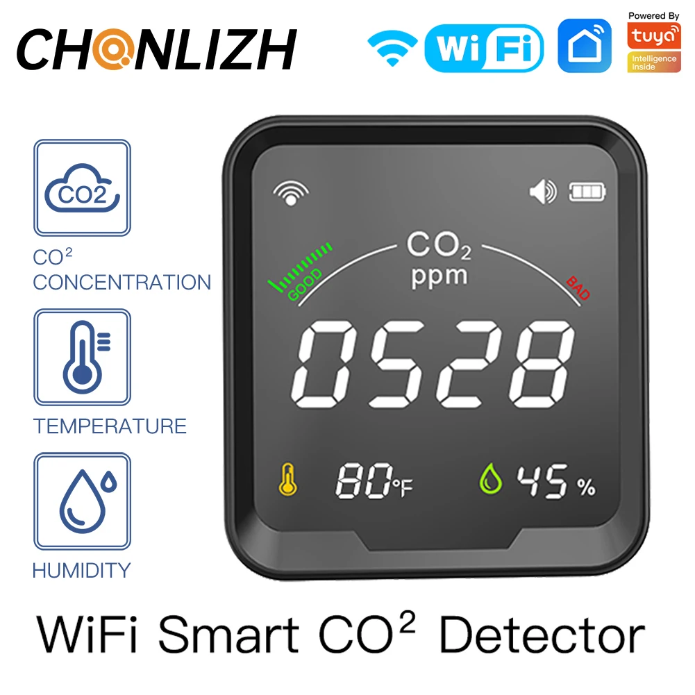 CHONLIZH WiFi Tuya Smart Air Quality Carbon Dioxide Detector with Alarm Clock Temperature Monitor Humidity Sensor 3in 1 CO2 Test
CHONLIZH WiFi Tuya Smart Air Quality Carbon Dioxide Detector with Alarm Clock Temperature Monitor Humidity Sensor 3in 1 CO2 Test