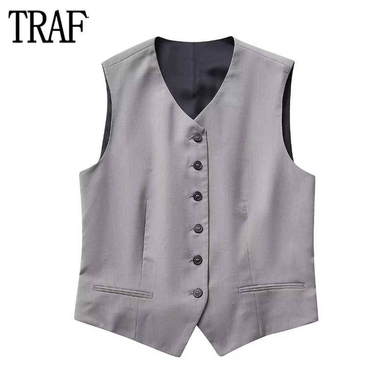 

TRAF 2023 Minimalist Waistcoat Women Button Sleeveless Vest Woman Asymmetric Cropped Jacket Women Streetwear Vests for Women