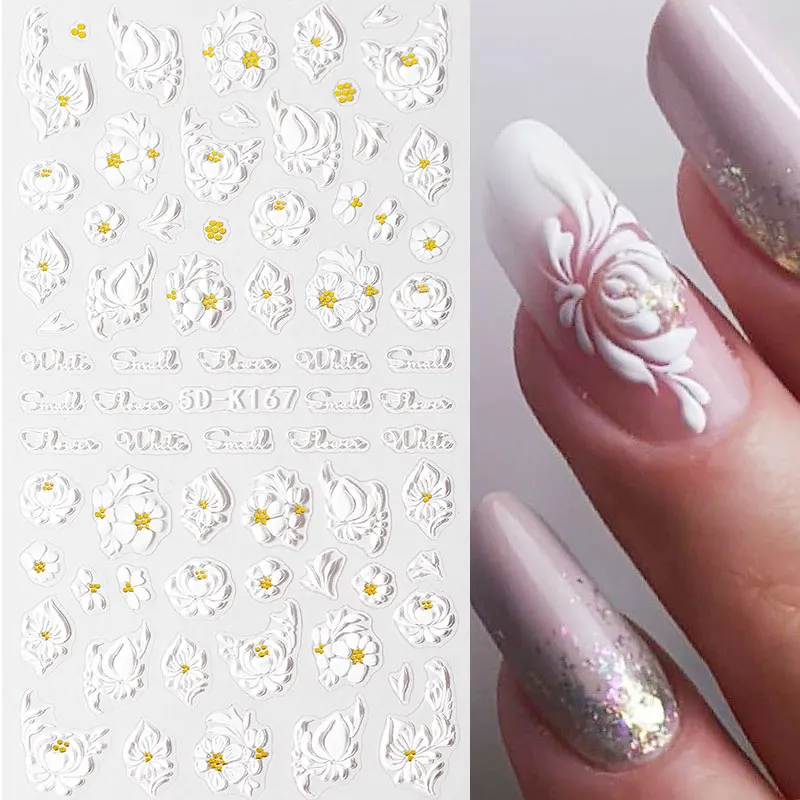 

5D Simple Flowers Nail Embossed Stickers Elegrant Wedding Design Adhesive Sliders Summer Textured Engraved Decoration