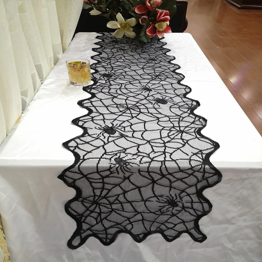 

Halloween Decoration Rectangle Lace Spider Web Skeleton Skull Tablecloth Black Fireplace Mantel Scarf Event Party Supplies