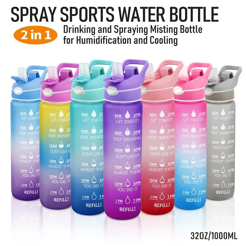 Summer Spray Sports Water Bottle Gradient Frosted Space Cup 1000Ml Drinking Spray Humidification Cooling Kettle With Time Marker
Summer Spray Sports Water Bottle Gradient Frosted Space Cup 1000Ml Drinking Spray Humidification Cooling Kettle With Time Marker