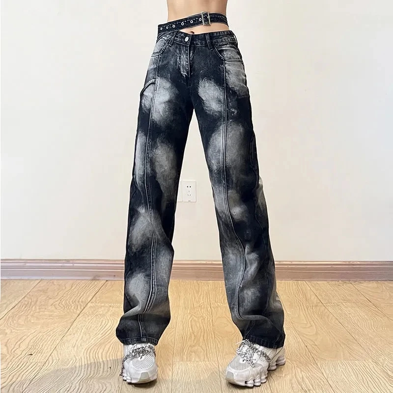 Metal Belt Leaky Waist Hollow Out Design Tie-Dye Straight Jeans Women Design High Street Versatile Female Loose Pants Pantalones
Metal Belt Leaky Waist Hollow Out Design Tie-Dye Straight Jeans Women Design High Street Versatile Female Loose Pants Pantalones