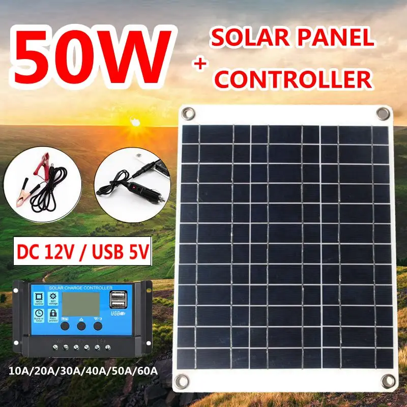 50W Solar Panel Kit DC 12V Dual USB 5V Portable Solar Charger Waterproof Panel Solar Cells Phone Power Bank + 10A-60A Controller
50W Solar Panel Kit DC 12V Dual USB 5V Portable Solar Charger Waterproof Panel Solar Cells Phone Power Bank + 10A-60A Controller