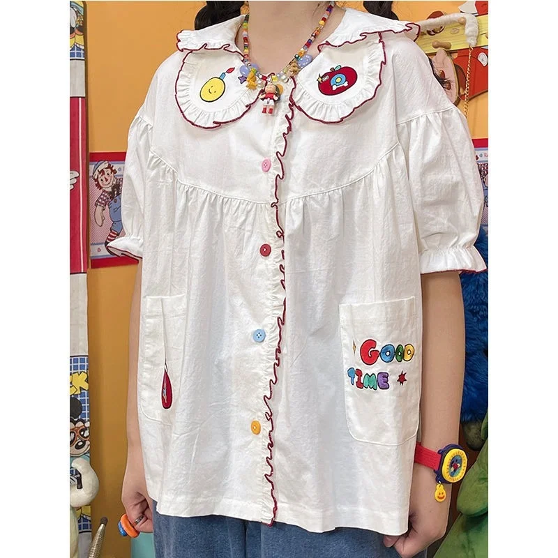 Summer Retro Peter Pan Collar Puff Sleeve Embroidery Blouses Tops for Teens Preppy Button Up Shirt Japan Kawaii Loose Large 2XL
Summer Retro Peter Pan Collar Puff Sleeve Embroidery Blouses Tops for Teens Preppy Button Up Shirt Japan Kawaii Loose Large 2XL