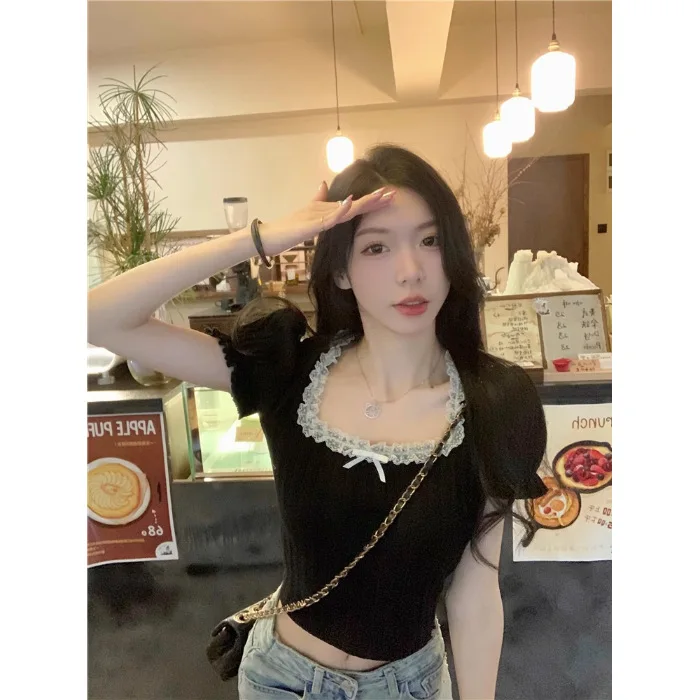 French Puff Sleeve Top Female Lace Lace Square Collar Short Sleeved T Shirt Summer Knit Short Base Shirt Ins Trend Fashion Style
French Puff Sleeve Top Female Lace Lace Square Collar Short Sleeved T Shirt Summer Knit Short Base Shirt Ins Trend Fashion Style