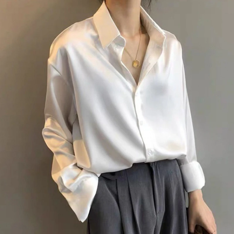 

Женская рубашка с длинным рукавом, элегантная формальная классическая белая блузка из искусственного шелка, однотонная атласная рубашка с лацканами в Корейском стиле на весну