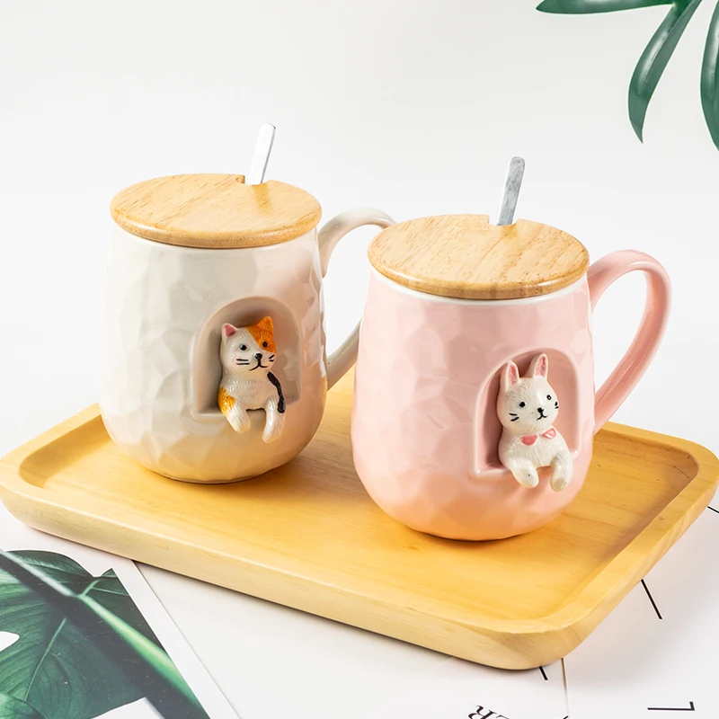 

430ml Cute Animals Relief Ceramics Mug With Lid and Spoon Coffee Milk Tea Handle Cup Novelty Gifts