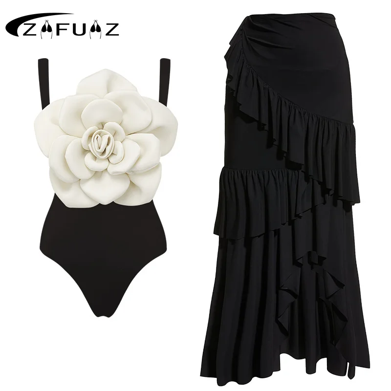 

ZAFUAZ 2024 Sexy Women Swimwear 3D Flower One Piece Swimsuit and Skirt Bikinis Set Brazilian Monokini Beachwear Bathing Suit