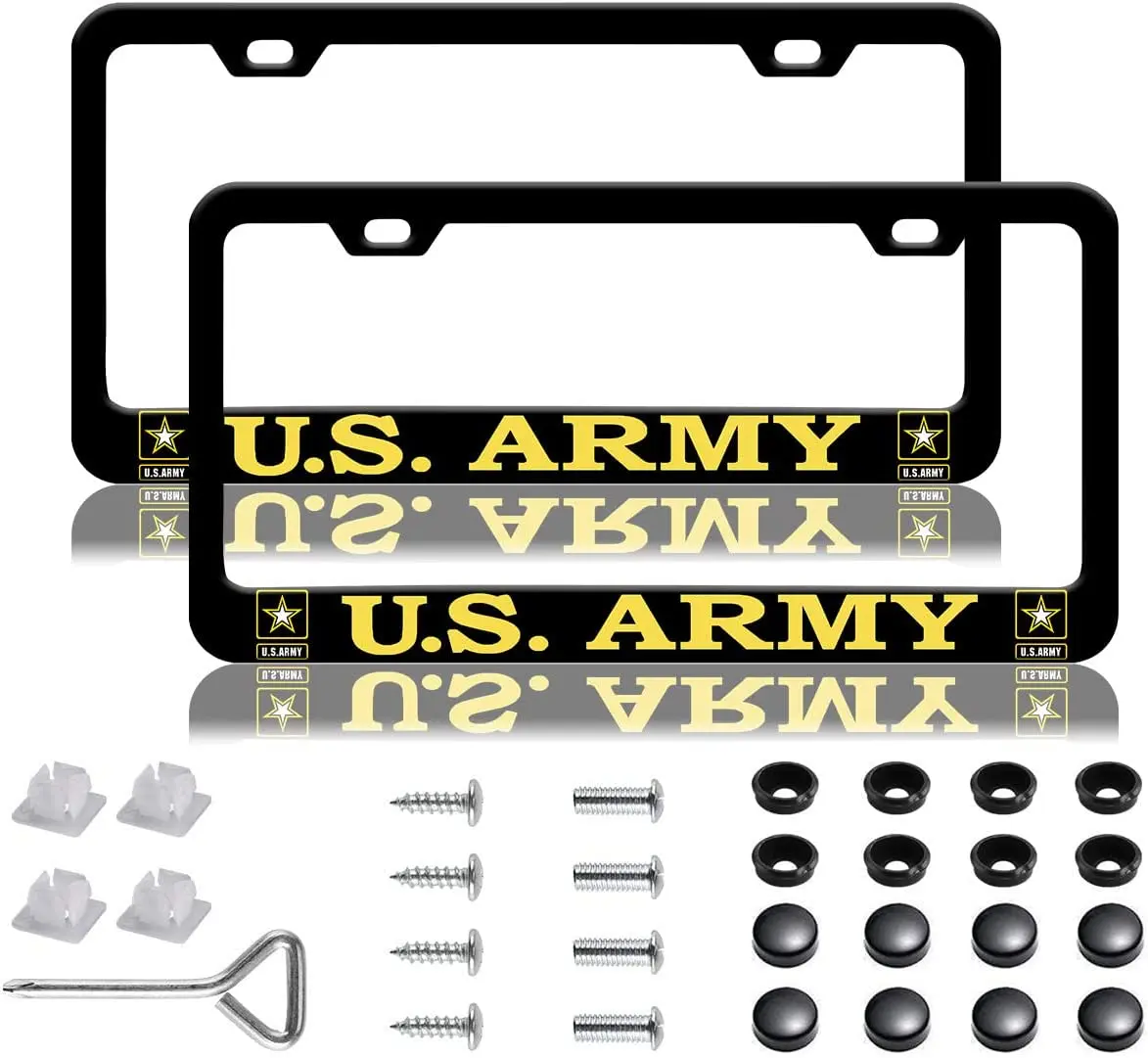 

2 Pieces for US Army Black Aluminum License Plate Frames Covers with Zinc Alloy Logo Anti-Theft Screws for United States Army