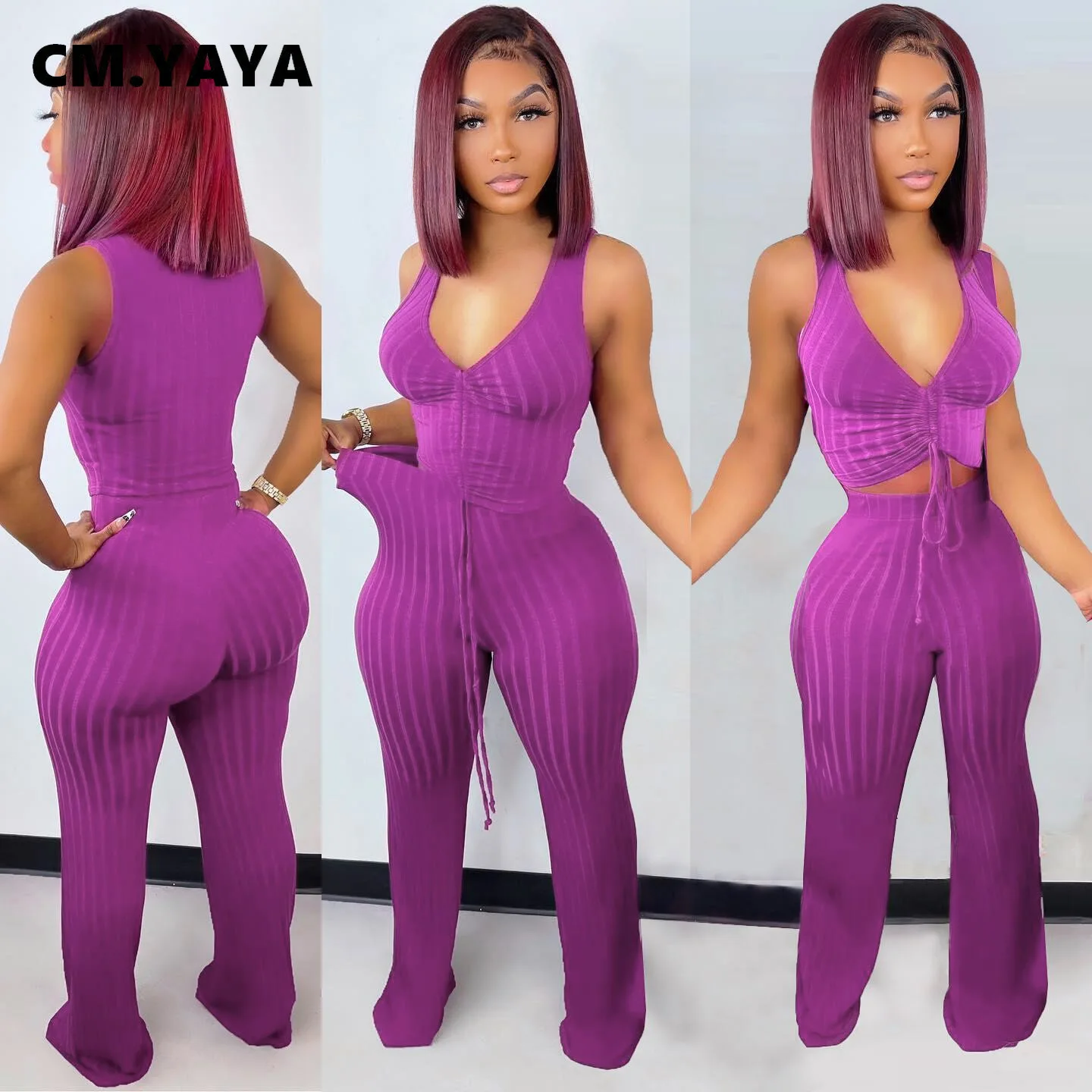 

CM.YAYA Elegant Ribbed Women Two 2 Piece Set Outfits for 2022 Summer Ruched Tank Wide Leg Pants Matching Set Tracksuit Sweatsuit